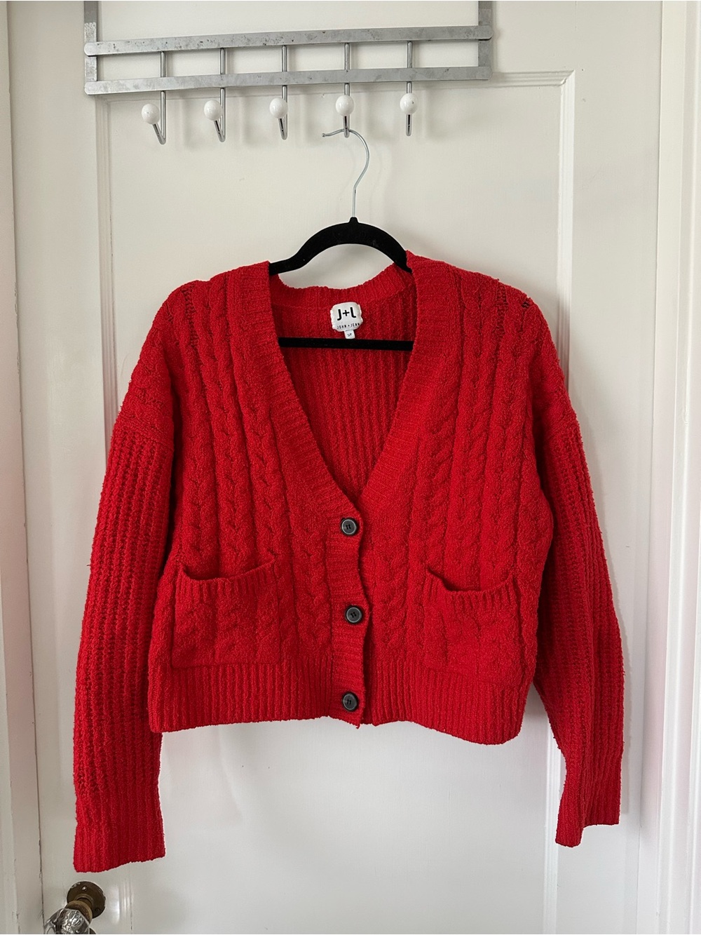 John + Jenn Red Cable Knit Button-Front Cardigan